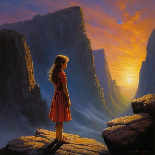 mystical portrait of a girl,fantasy picture,guiding light,the horizon,red cliff,girl in a long,landscape background,mountain sunrise,daybreak,contemplation,girl on the river,longing,solitude,idyll,evening atmosphere,eventide,landscape red,romantic scene,young girl,oil painting on canvas,Illustration,Realistic Fantasy,Realistic Fantasy 32