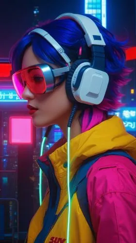 a young woman side view portrait, she has dark blue hair, wearing a white headphone and red jacket;  in the style of cyberpunk dystopia, josan gonzalez, haroon mirza, light yellow and pink, virtual re