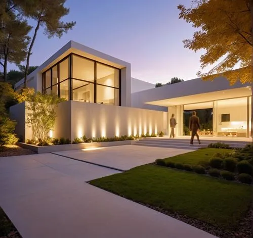 DISEÑO ESTERIOR DEL ACCESO A UNA RESIDENCIA, CON UN PORTON METALICO EN INMITACIÓN MADERA, CON PLANTAS DE FORMIO EN EL ACCESO, ARBOLES Y VEGETACIÓN EXUBERANTE, LUZ TENUE Y ELEGANTE AL ANOCHECER,a man w