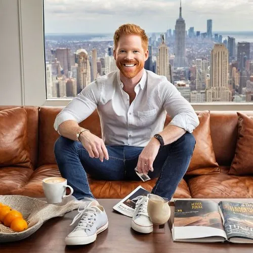 Jesse Tyler Ferguson, smiling, bright blue eyes, messy brown hair, casual wear, white shirt, dark jeans, sneakers, holding Architectural Digest magazine, sitting, relaxed pose, modern living room, lar