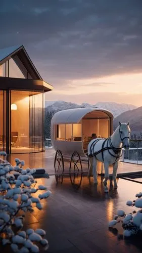 more realistic,there is a horse and buggy outside on a porch,horse stable,snohetta,covered wagon,iceland horse,amanresorts,3d rendering,Photography,General,Cinematic