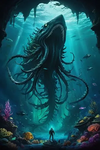 kraken,god of the sea,cuthulu,under sea,deep sea,sea monsters,the bottom of the sea,undersea,under the sea,bottom of the sea,merman,nautilus,scuba,symbiotic,sea god,sea animal,sea devil,underwater background,deep sea nautilus,sea-life,Conceptual Art,Fantasy,Fantasy 34