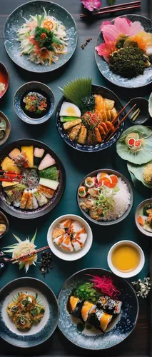 A table laden with plates of Japanese food,korean royal court cuisine,korean chinese cuisine,korean cuisine,huaiyang cuisine,okinawan cuisine,japanese cuisine,anhui cuisine,korean food,hong kong cuisi