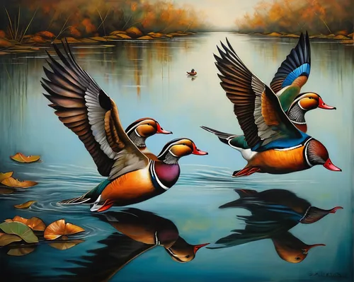 Create a peaceful painting of mandarin ducks gliding on a calm river.,mandarin ducks,mandarin duck water bird,mandarin duck,mallards,waterfowls,bird painting,wild ducks,waterfowl,migratory birds,color