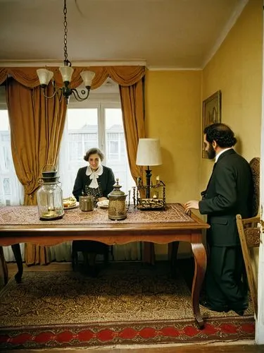 View into the upper-class apartment of a German Jew.,two women seated at the table looking in the mirror,kubrick,dining table,parajanov,miniaturist,eggleston,dining room,Photography,Documentary Photog