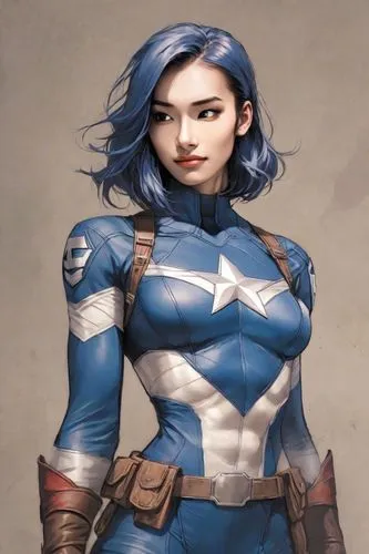  Heavy makeup, messy dyed hair, angular cheekbones, small eyes, thin lips, low nose, upper body,a woman in a blue and white uniform,capitanamerica,kreder,amihan,captain american,captain america type,c