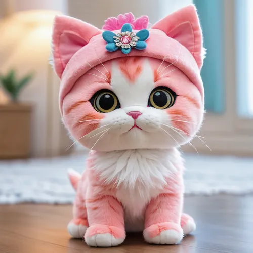 Plush toy, chibi, a pink kitten with an adorable headdress stands in front of the plush toy, facing forward,,cute cat,pink cat,doll cat,cat kawaii,blossom kitten,kitten hat,pink bow,animals play dress