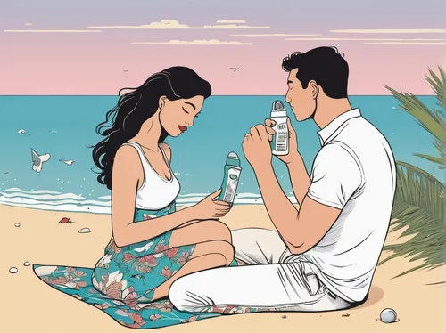 coconut perfume,romantic scene,sunscreen,lover's beach,honeymoon,message in a bottle,coconut drinks,djerba,beach background,summer clip art,ouzo,malibu rum,tunisia,young couple,beach furniture,perfume bottles,proposal,beach goers,girl and boy outdoor,idyllic,Illustration,Vector,Vector 02