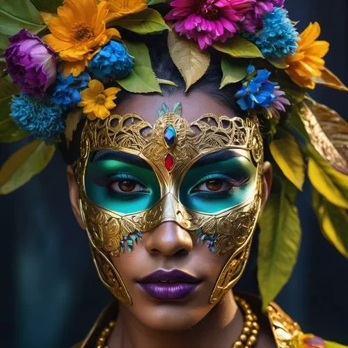 Uma mulher indiana, com belos cabelos longos, seminua, olhar firme e seguro, empoderada,venetian mask,brazil carnival,gold mask,masquerade,golden mask,face paint,asian costume,balinese,the festival of