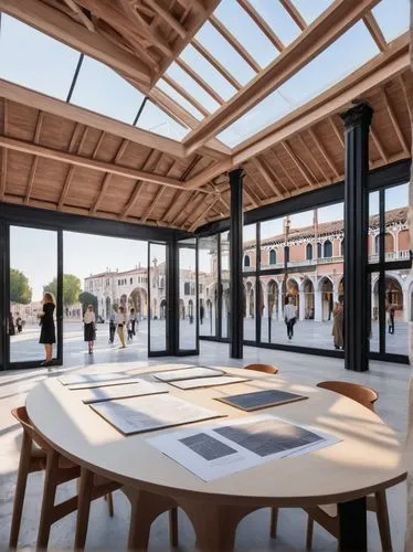 Venice Architecture Biennale 2021, modern exhibition pavilion, glass and steel structure, intricate wooden interior, natural light pouring in through skylights, visitors walking and discussing, solo f