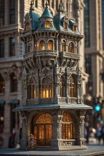 miniature house,flatiron building,tilt shift,renaissance tower,french building,gaudi,flatiron,miniaturist,city corner,model house,guastavino,gingerbread house,lego city,tweed courthouse,europe palace,the gingerbread house,nypl,maggiano,lego frame,gold castle,Illustration,Realistic Fantasy,Realistic Fantasy 02