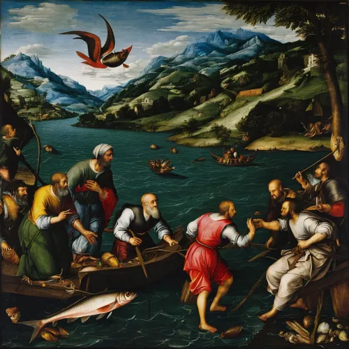 The Miraculous Draught of Fishes by Jacopo Bassano (Jacopo Da Ponte) (1510-1592, Italy) | Art Reproductions Jacopo Bassano (Jacopo Da Ponte) | ArtsDot.com,baptism of christ,people fishing,hunting scen