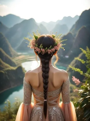 spectacular scene of Ha Giang nature in the background, layers of rounded karst mountains, a beautiful picturesque valley and a sparkling small lake in the middle, prosperous feeling overall,girl in f