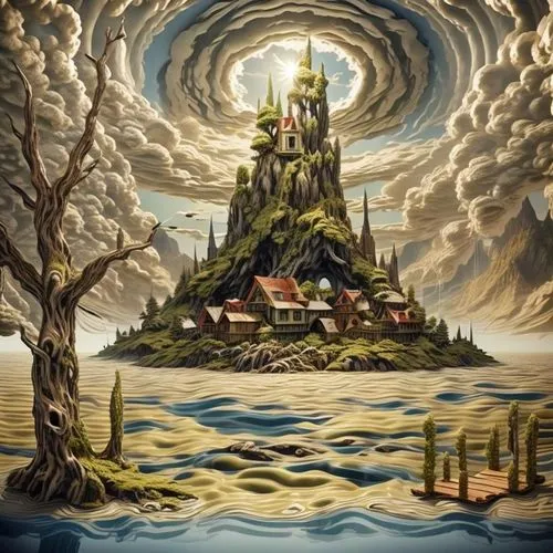 david bates,fantasy picture,fantasy landscape,fantasy art,jrr tolkien,mushroom island,an island far away landscape,tower of babel,floating island,fantasy world,sea fantasy,witch's house,3d fantasy,surrealism,alchemy,mushroom landscape,islet,myst,northrend,island of juist