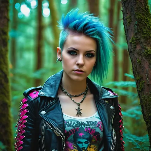 blue hair,punk,denim jacket,fae,bluejay,in the forest,grunge,mohawk,pixie,goth woman,greta oto,punk design,forest background,blue jay,pixie-bob,leather jacket,lycia,forest dark,harley,denim background,Photography,General,Realistic