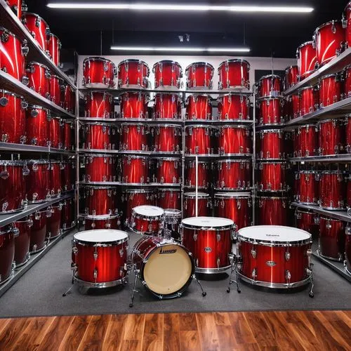 Inside the beautifully decorated red clear drums Ludwig drum shop. There are many guitars to choose from. There are beautiful lights.,drum kit,kettledrums,container drums,drum set,bongos,music store,k