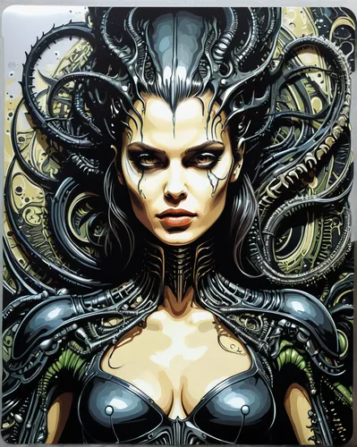 medusa gorgon,gorgon,medusa,biomechanical,alien warrior,dryad,sci fiction illustration,cybernetics,cd cover,shaper,adobe illustrator,heroic fantasy,the enchantress,horoscope libra,carapace,cybele,fantasy art,graphics software,meridians,shiva,Illustration,American Style,American Style 06