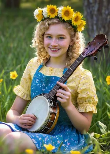 folk music,bluegrass,country dress,banjo uke,sound of music,ukulele,heidi country,girl in flowers,countrygirl,banjo player,banjo guitar,balalaika,banjo,classical guitar,mandolin,dulcimer,guitar,folk instrument,yellow daisies,cavaquinho,Art,Artistic Painting,Artistic Painting 50