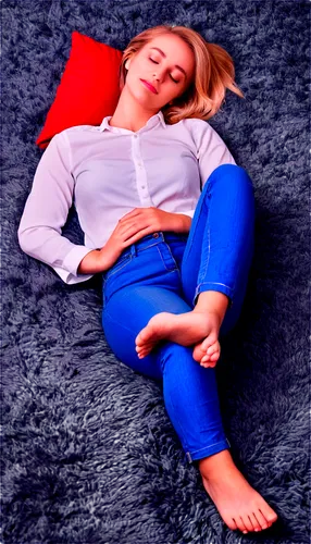 Relaxed girl, lying down, closed eyes, peaceful expression, soft blonde hair, light makeup, casual wear, white shirt, blue denim pants, bare feet, fluffy carpet, warm lighting, cozy atmosphere, 3/4 co