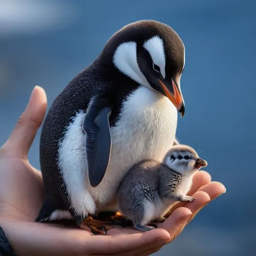 a penguin holding a little rabbit in its hand,penguin chick,baby penguin,penguin baby,baby-penguin,dwarf penguin,plush baby penguin,young penguin,penguin couple,fairy penguin,chinstrap penguin,magella