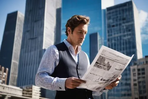 Modern TV show, documentary style, male host, 30s, casual wear, holding blueprints, standing in front of a skyscraper, cityscape background, sunny day, clear sky, architectural details, steel beams, g