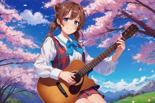 guitar,yui hirasawa k-on,playing the guitar,concert guitar,spring background,japanese sakura background,springtime background,guitar player,miku maekawa,sakura background,mikuru asahina,sakura blossom,painted guitar,the cherry blossoms,cherry blossoms,ukulele,takato cherry blossoms,flower background,acoustic guitar,sakura blossoms,Conceptual Art,Oil color,Oil Color 23