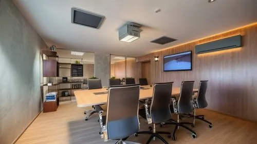 metal chairs with leather backs, the projector should prevail on the ceiling, use LED tapes at the ends, the TV screen should be turned off,modern office,modern kitchen interior,board room,conference 