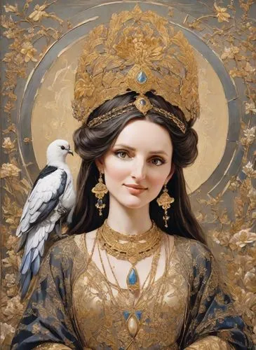 A fascinating medieval painting in the style of Jim Fitzpatrick, depicting a noble girl priestess of the eastern (Persian) type with a hairstyle in the form of a large horizontal bird's nest in the sh