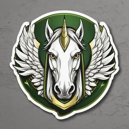 Logo emblem for game token depicting the head of a winged white epic pegasus called "Ikram"yellowish green tones, illustration, token on white background,a horse with wings on its head with a green fr