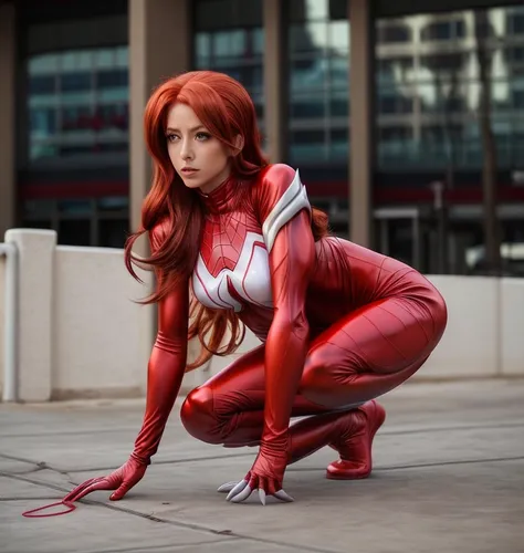 asuka langley soryu,cosplay image,wanda,red super hero,firestar,scarlet witch,cosplayer,cosplay,daredevil,mary jane,crouching,red,ironman,phoenix,kneeling,marvel,xmen,iron-man,red cat,red ginger