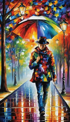 man with umbrella,walking in the rain,raincoat,oil painting on canvas,art painting,umbrellas,psychedelic art,colorful background,umbrella,oil painting,painter,raindops,colorful life,motif,italian painter,a pedestrian,brolly,painting technique,pedestrian,in the rain,Illustration,Japanese style,Japanese Style 05