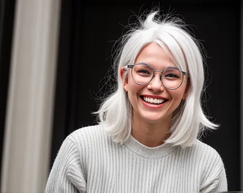 white hair and round glasses, contagious smile, open mouth,silver framed glasses,with glasses,lace round frames,reading glasses,librarian,glasses,portrait background,portrait of christi,spectacles,sil