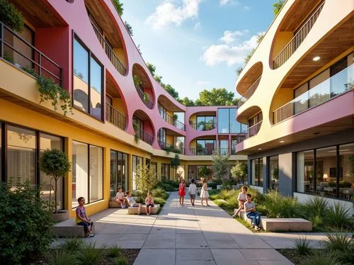 Vibrant urban kindergarten, playful color schemes, modern curved lines, large windows, clerestory roofs, skylights, transparent glass walls, natural stone floors, wooden accents, green roofs, living w