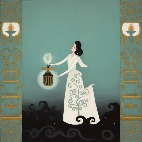 an abstract painting depicting a woman and a large vase,jasmine,art deco woman,celestina,jasmine flower,cendrillon,obatala,Illustration,Abstract Fantasy,Abstract Fantasy 05