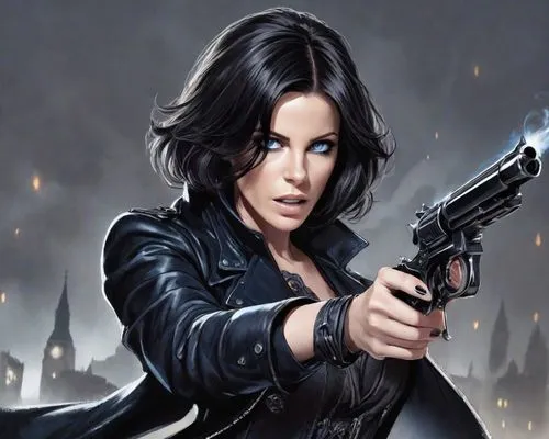 vampire angry woman, black short hair, blue brigth eyes  , black leather overcoat embroidery
 with silver ciltic arabesques( kate backinsale )  with gun, . at london night, war of vampires and werewol