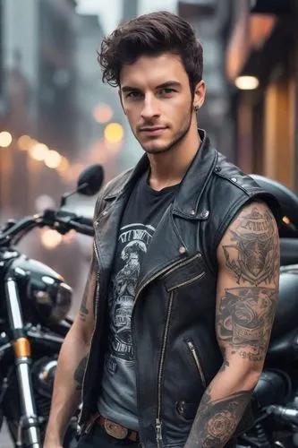  Wears a black leather jacket with patches of his motorcycle club, a sleeveless T-shirt showing his tattoos, ripped jeans, and heavy boots. He carries a motorcycle helmet under his arm. Dark romance v