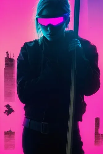 woman black hot Color the drawing in post-apocalyptic, cyberpunk, vaporwave style,a woman wearing shades while holding a broom in front of a pink background,strider,mute,ramirez,mgs,cyberpunk,raiden,P