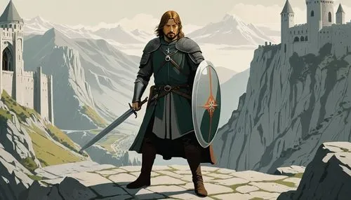 heroic fantasy,the wanderer,elven,thorin,dunun,king arthur,jrr tolkien,male elf,norse,alaunt,genghis khan,guards of the canyon,swordsman,male character,talahi,castleguard,quarterstaff,dwarf sundheim,pall-bearer,mountain guide,Illustration,Japanese style,Japanese Style 08