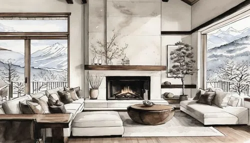 winter house,alpine style,the cabin in the mountains,winter landscape,house in the mountains,winter window,chalet,snow scene,snow landscape,house in mountains,winter background,sitting room,coziness,snowy landscape,living room,home landscape,fireplace,mountain scene,mountain hut,livingroom,Illustration,Paper based,Paper Based 30