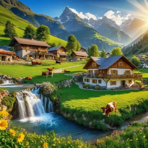 alpine village,mountain village,landscape background,alpine pastures,beautiful landscape,home landscape,Photography,General,Realistic