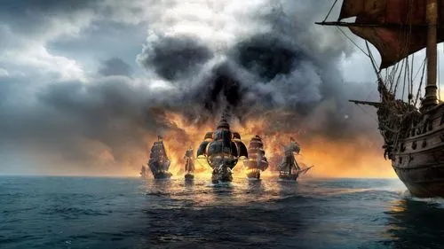 a large ship sails away from an old pirate ship,fireships,piracies,barbossa,naval battle,vikings,plundering