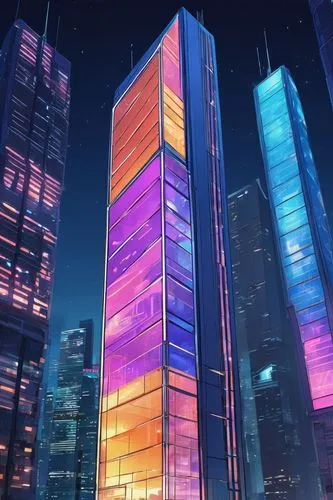 skyscraper,cybercity,the skyscraper,glass building,tetris,skyscrapers,ctbuh,futuristic architecture,colorful city,cybertown,pc tower,sky space concept,megacorporation,supertall,antilla,electric tower,futuristic landscape,hypermodern,monoliths,metropolis,Illustration,Japanese style,Japanese Style 03