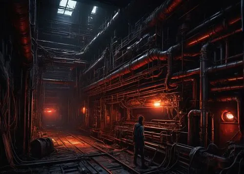 mining facility,engine room,industrial,industrial ruin,industrial hall,steel mill,refinery,industrial tubes,metallurgy,industrial plant,heavy water factory,empty factory,furnace,industrial landscape,chemical plant,industrial area,industries,the boiler room,metal rust,warehouse,Illustration,Realistic Fantasy,Realistic Fantasy 30