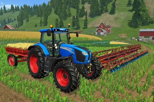 farming simulator, video game, split screen, multiplayer, PS4, cooperative gameplay, tractors, fields, crops, farm animals, barn, rural environment, sunny day, dynamic weather, realistic textures, imm