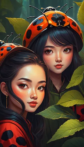 Write a dialogue between two characters discussing the positive impact of Asian lady beetles on the environment.,ladybugs,asian lady beetle,game illustration,two-point-ladybug,world digital painting,l