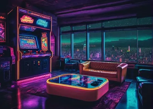 game room,playing room,apartment lounge,poolroom,arcade,livingroom,playroom,cyberpunk,ufo interior,nightclub,computer room,living room,arcade games,great room,retro styled,neon cocktails,spaceship interior,aesthetic,casinos,arcades,Unique,Pixel,Pixel 04