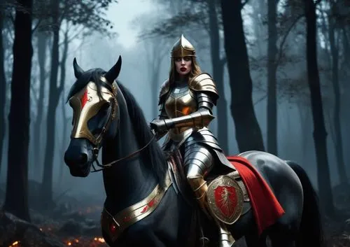 female knight with full luxury plate armour decorated by gold and red element , red lip and mysterious eyes , on the black horse , be in the dark forest , high and gigantic ancient trees , moonlight a