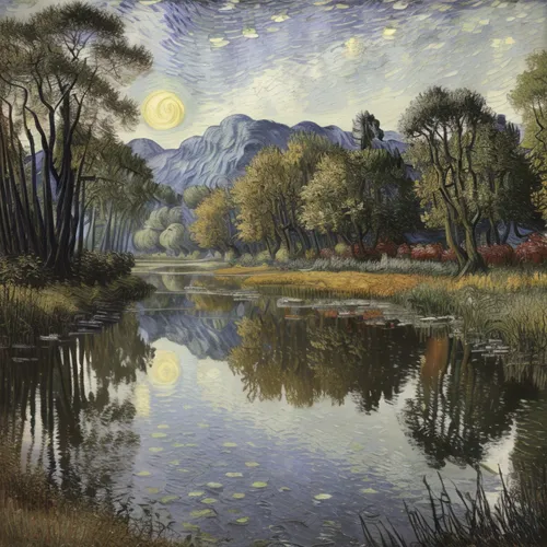 Vibrant Van Gogh style ,a painting of the moon above mountains that look like it is on display,river landscape,imhoff,franschhoek,luhe,renoirs,steenberg