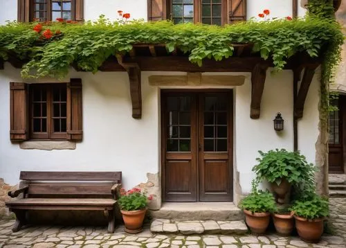 Half-timbered house, European-style, rustic charm, wooden beams exposed, white stucco walls, steeply pitched roof, multi-paned windows, flower boxes, lush greenery, blooming vines, garden bench, cobbl