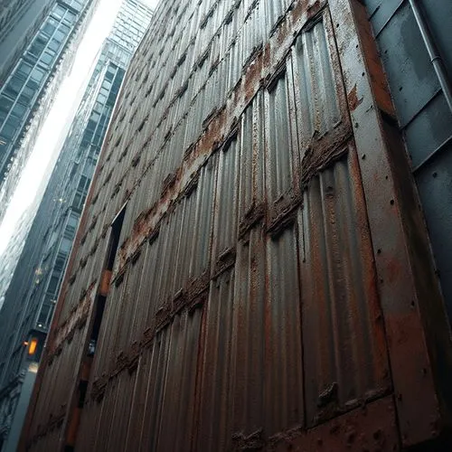 Industrial-chic perforated metal facade, corrugated iron cladding, rusty patina, urban cityscape, modern skyscraper, sleek office building, angular architecture, metallic sheen, weathered steel, bruta